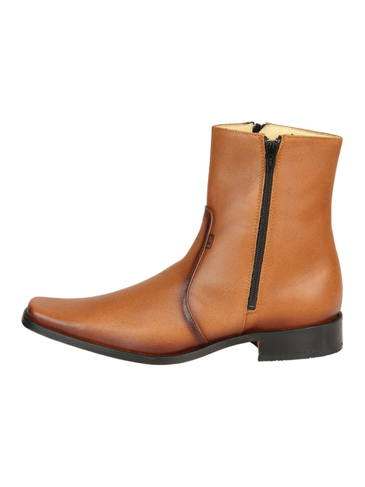 El Becerro Men's Double Zipper Dress Ankle Boots - Brandy Aniline Leather 45829