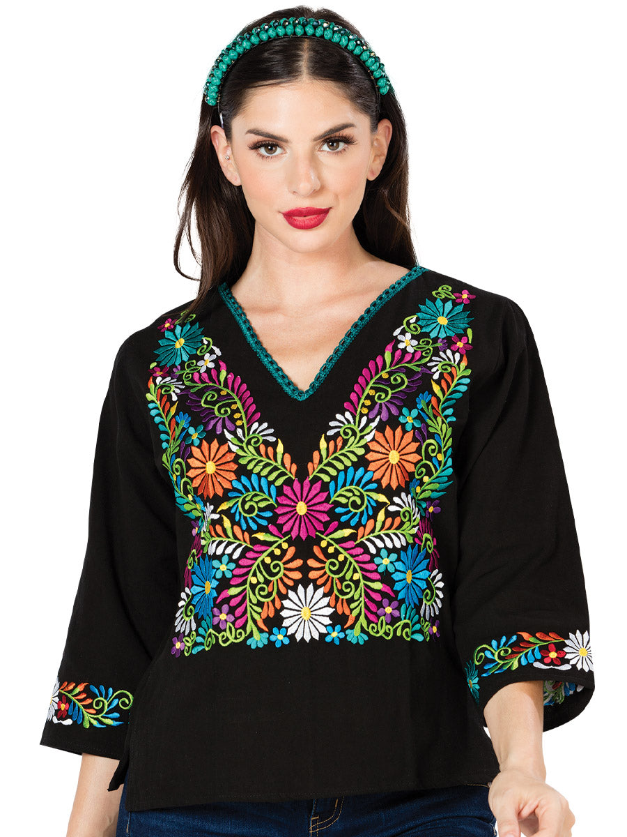 Artisanal Embroidered Blouse 100% Cotton Black 603054
