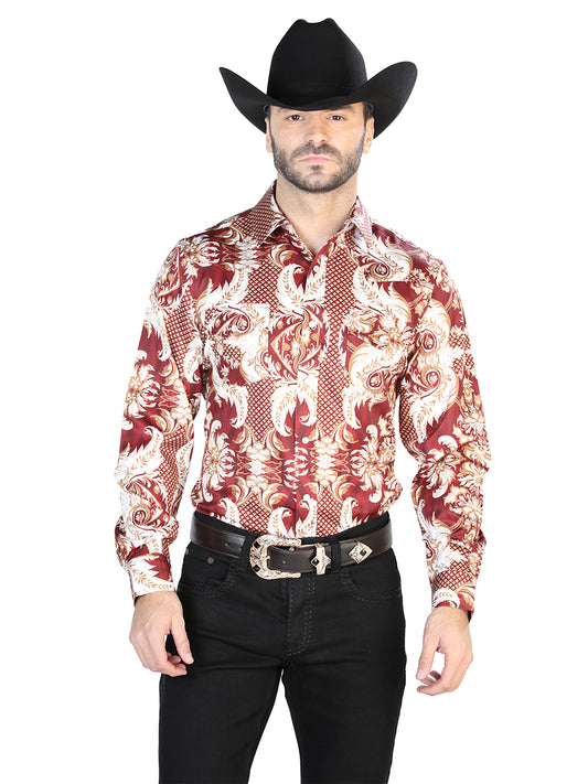 Burgundy And Gold Casual Long Sleeve Shirt 44071