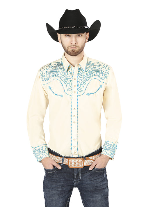 El General Embroidery Western Shirt Beige/Blue 44199