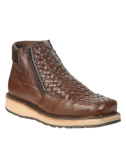 El General Men’s Brown Woven Ankle Boots with Zipper 45184