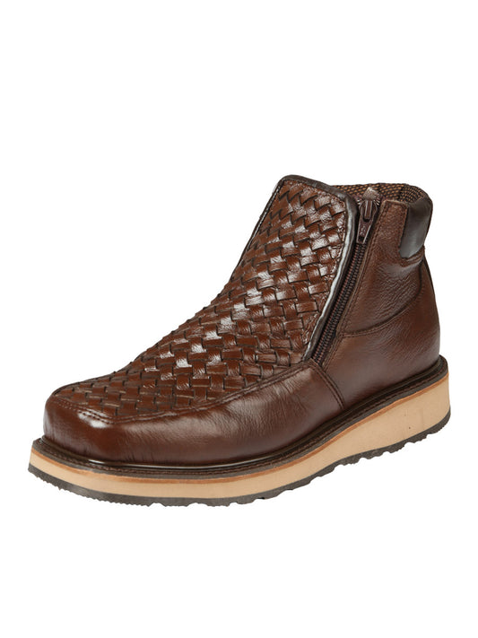 El General Men’s Brown Woven Ankle Boots with Zipper 45184