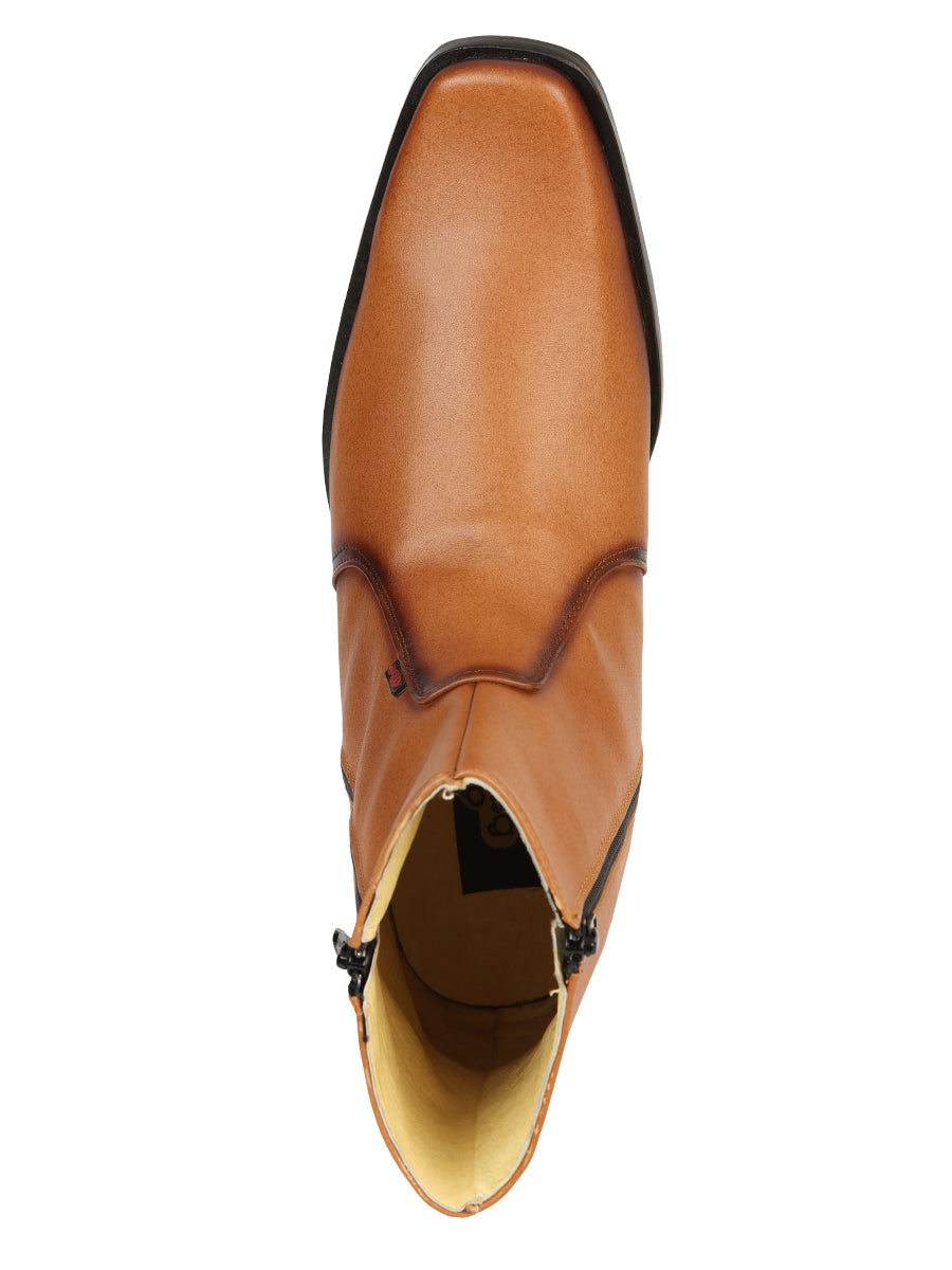 El Becerro Men's Double Zipper Dress Ankle Boots - Brandy Aniline Leather 45829