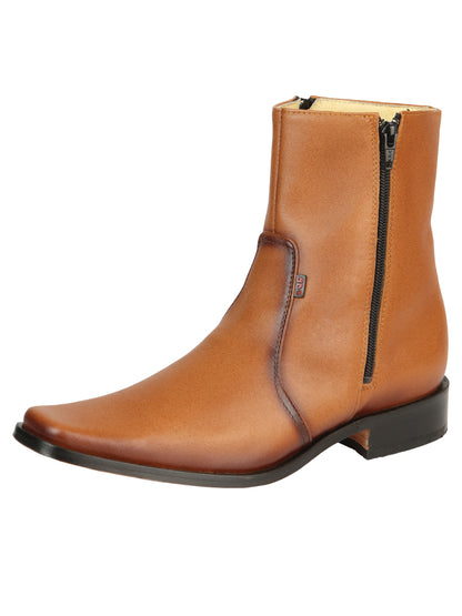 El Becerro Men's Double Zipper Dress Ankle Boots - Brandy Aniline Leather 45829