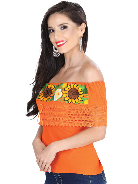 Artisanal Embroidered Blouse 50% Cotton, %50 Polyester Orange  601283